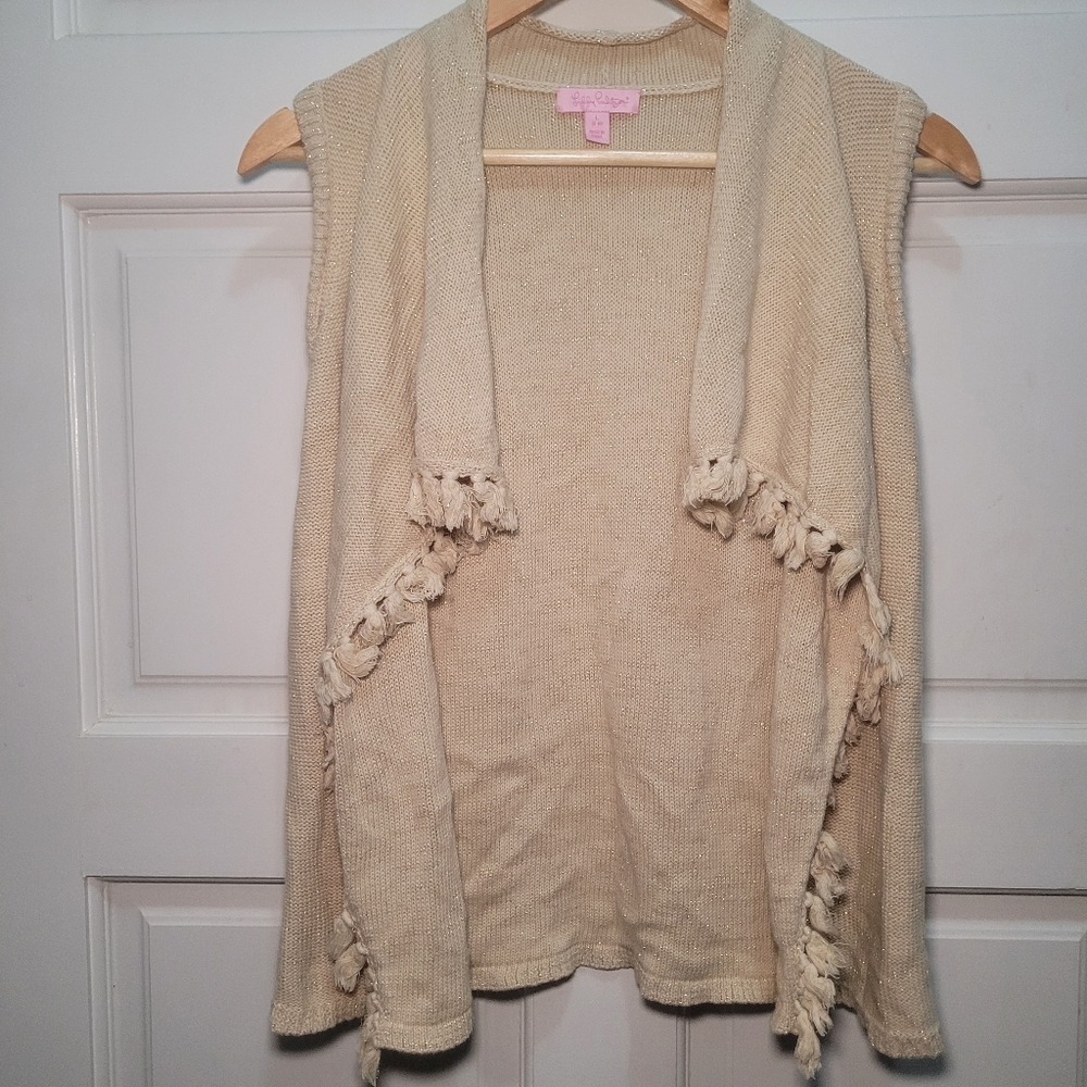 Lilly Pulitzer Boho Sweater Vest Tassels Mini Abbott Gold Metallic Girls L 8-10